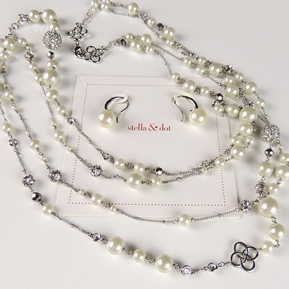 Stella & Dot | RARE Silver Glass Pearl Pavé Crystal Encrusted Madeline N… - Picture 6 of 11